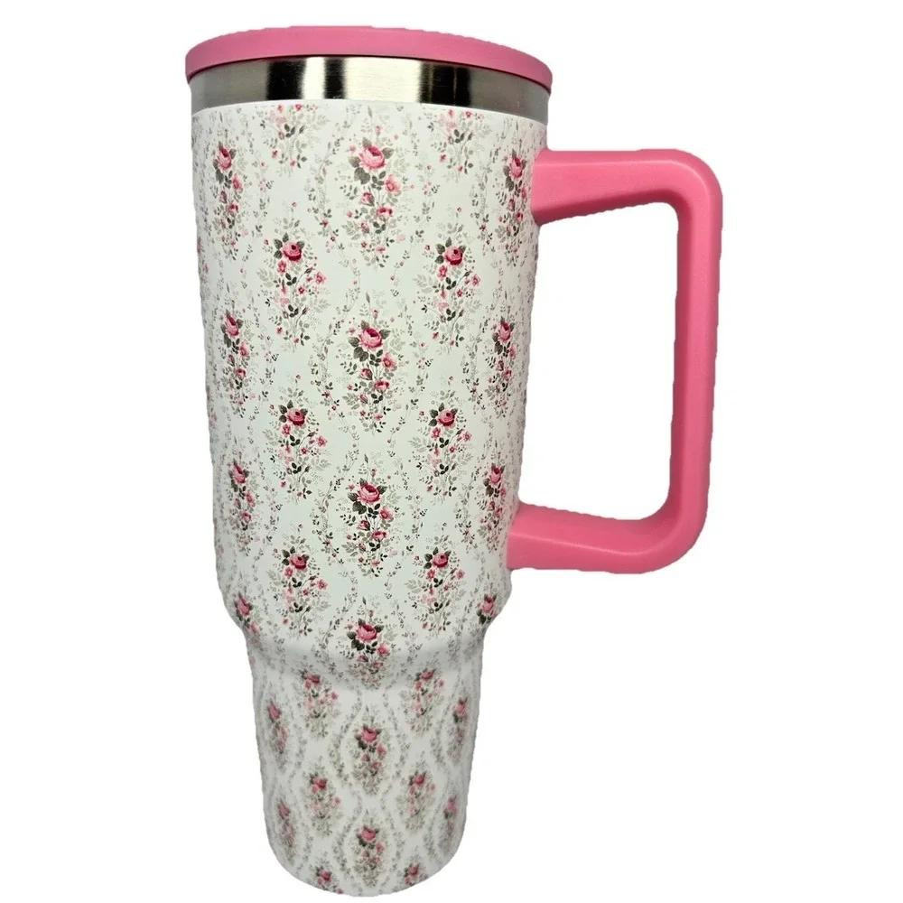40oz Pink Floral Tumbler With Handle Straw Double Wall Stainless Steel Cup